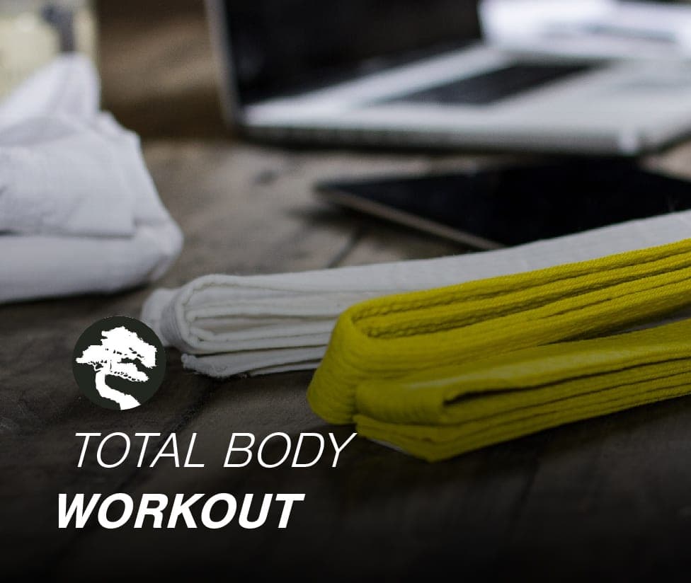 Folded white and yellow karate belts beside a laptop and notebook, captioned 'Total body workout.'
