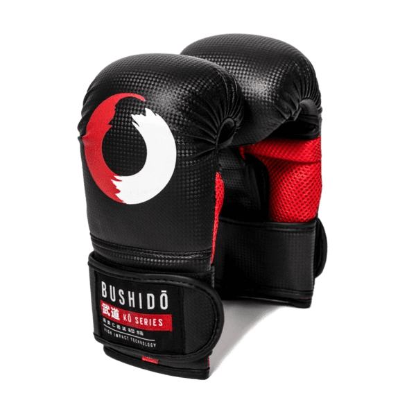 A pair of black and red Bushido KO Series boxing gloves.