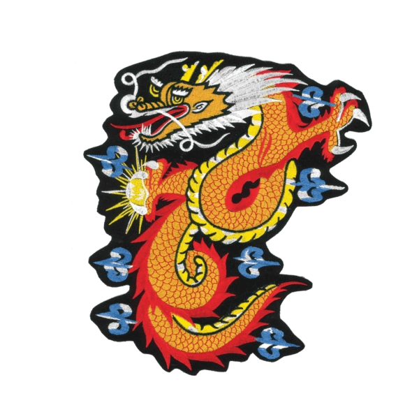 Colorful dragon illustration with flames and smoke.