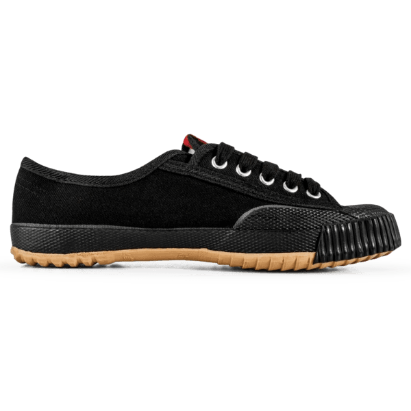 Black canvas sneaker with gum sole.