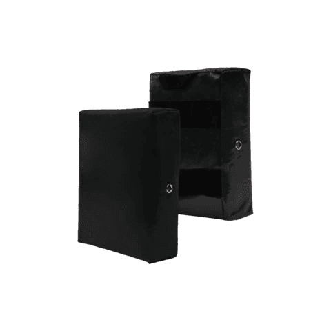 Two black rectangular padded cases with a small circular hole.