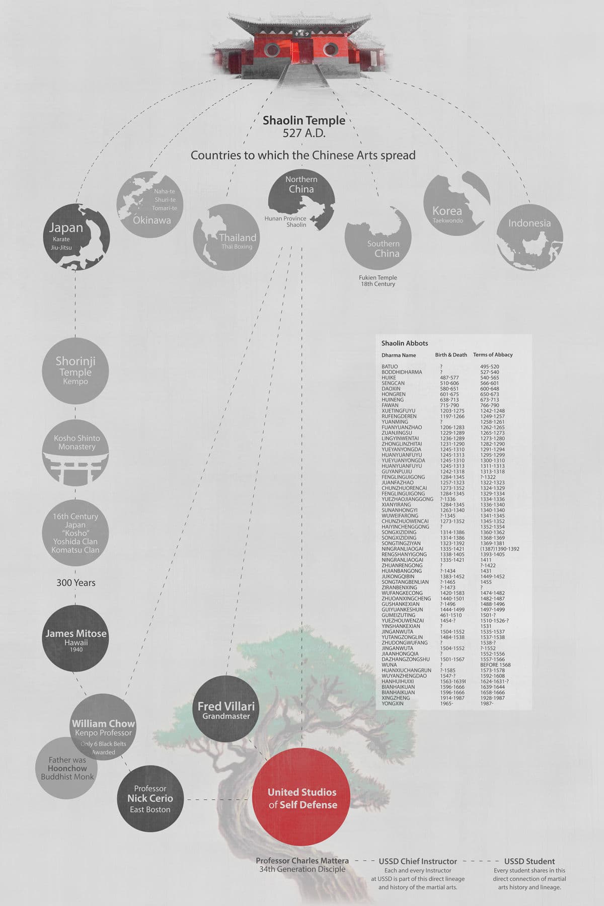 Diagram of the United Studios of Self Defense martial arts lineage.
